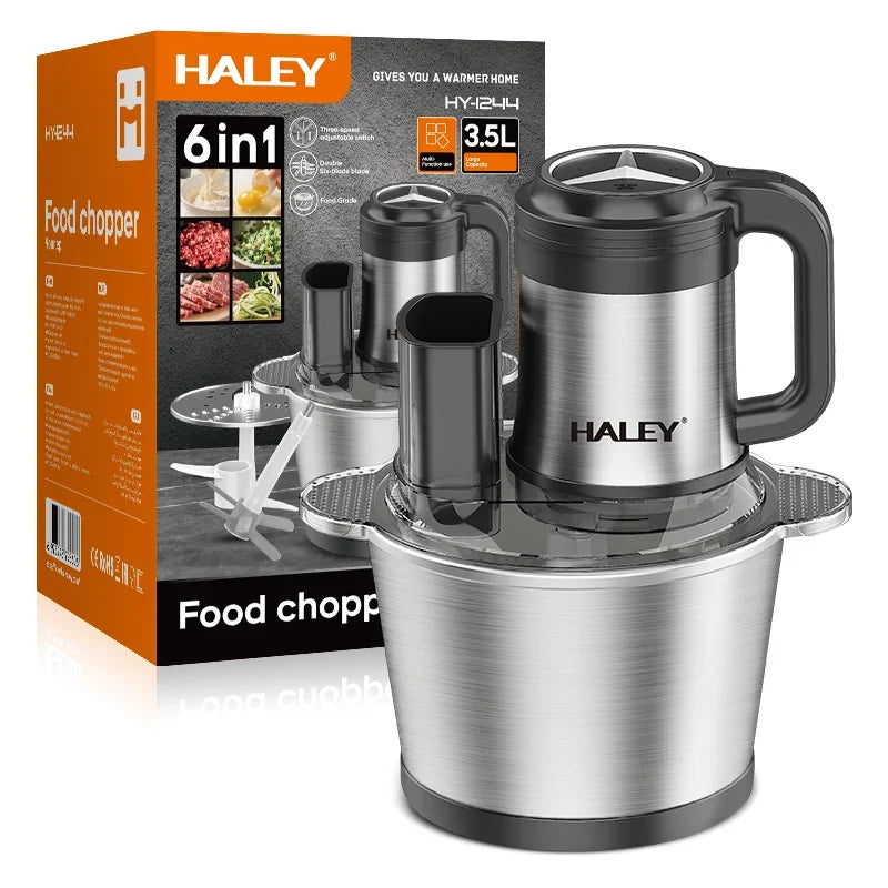 Tocător electric multifuncțional HALEY HY-1244, 1200 W, bol inox 3,5 L, 6 lame din oțel inoxidabil