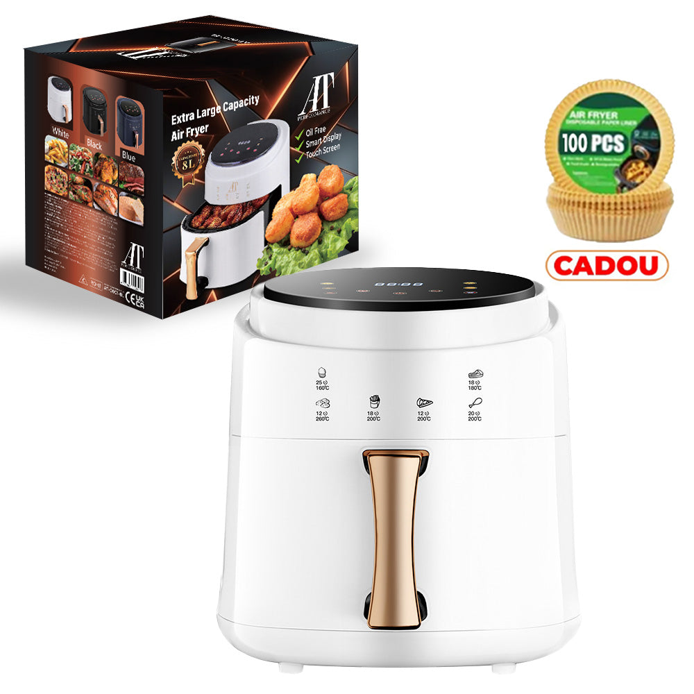 Friteuză cu Aer Cald Fry Digital AT PERFORMANCE® 8L, 2400W, 8 Programe, Temperatură Reglabilă, Timer 60 Min – CADOU 100 Buc Hârtii de Copt