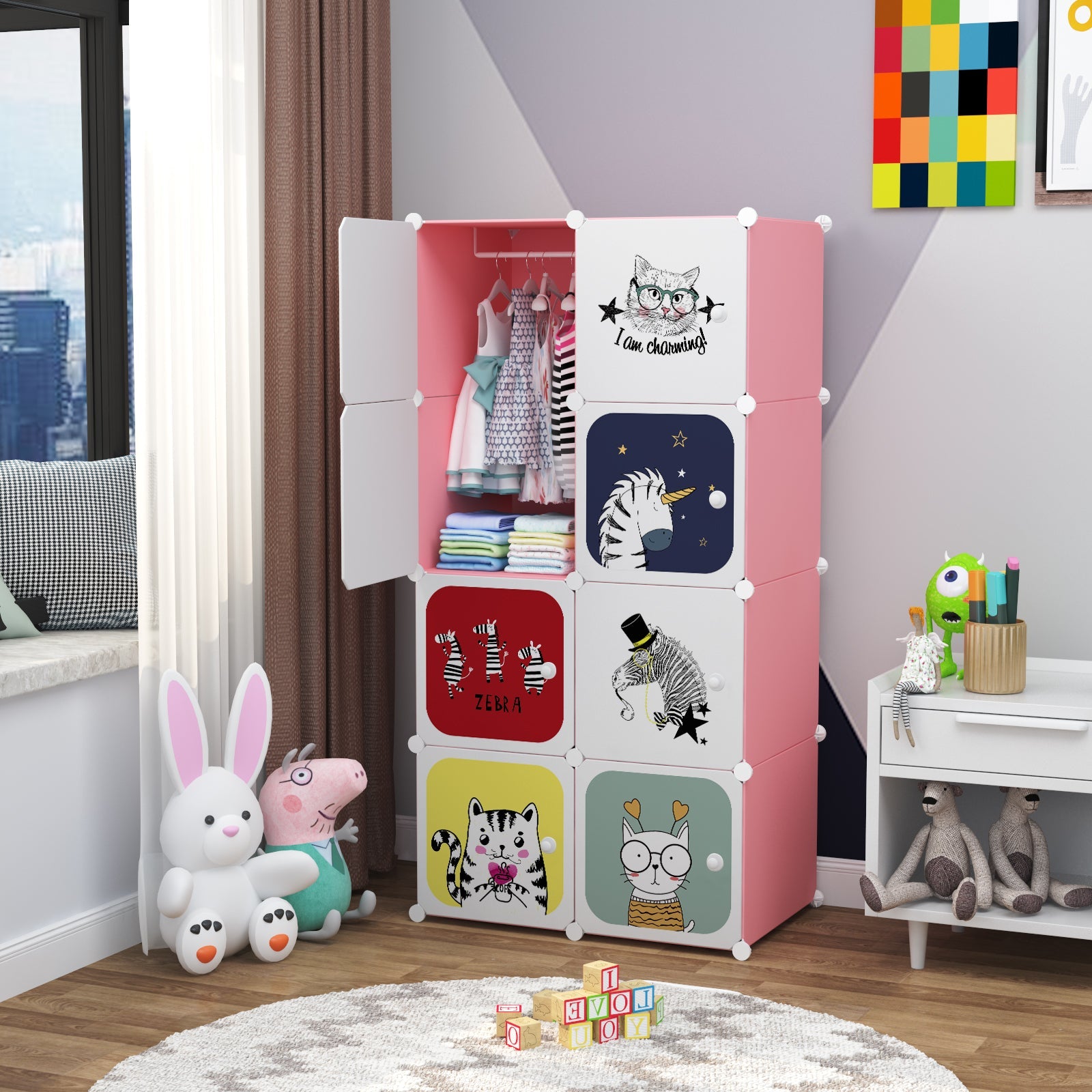 Dulap modular pentru copii, Alb/Roz, AT PERFORMANCE®, 8 rafturi, durabil, 147 cm x 76 cm x 37 cm