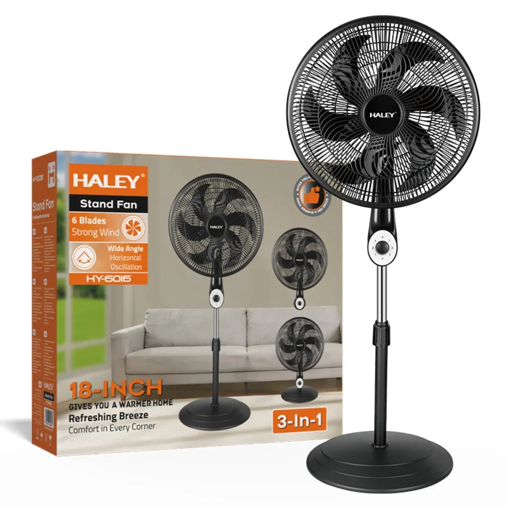 Ventilator cu picior HALEY HY-6016, 18 inch, 6 pale, 3 viteze, înălțime reglabilă, negru