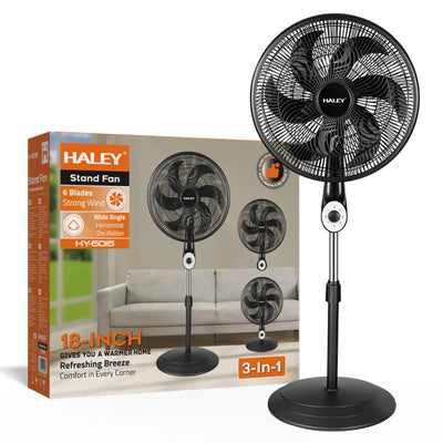 Ventilator cu picior HALEY HY-6016, 18 inch, 6 pale, 3 viteze, înălțime reglabilă, negru