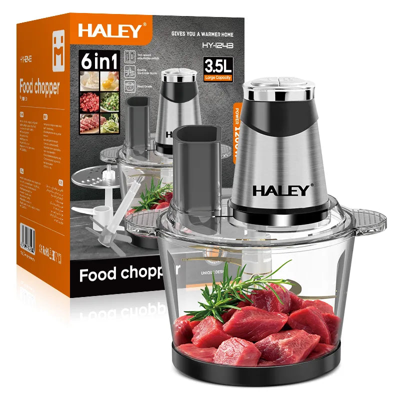 Tocător electric de alimente HALEY HY-1243, 1200 W, bol 3,5 L, 6 funcții, lamă inox cu 6 muchii