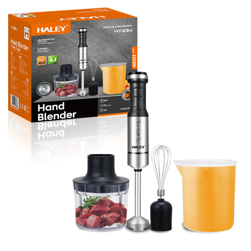 Blender de mână 4 în 1 HALEY, 1200 W, 2 viteze și turbo, picior inox, tocător, tel, pahar gradat
