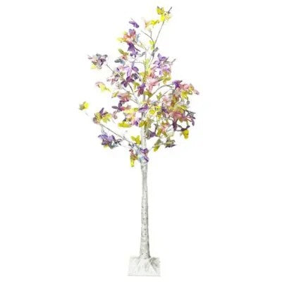 Pom artificial decorativ Tusy Store, 180 cm, LED alb cald, fluturi colorați, ramuri albe