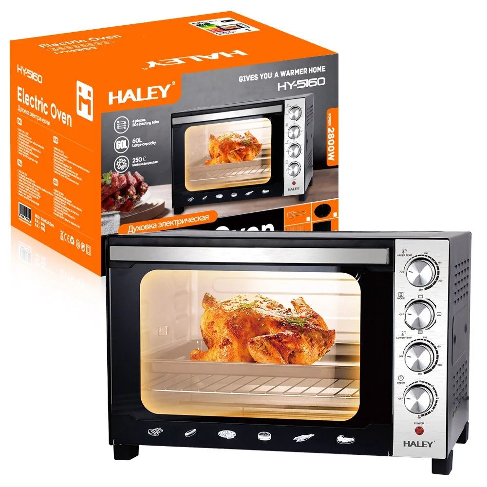 Cuptor electric HALEY HY-5160, 60 L, 2800 W, rotisor, 4 tuburi de încălzire, negru