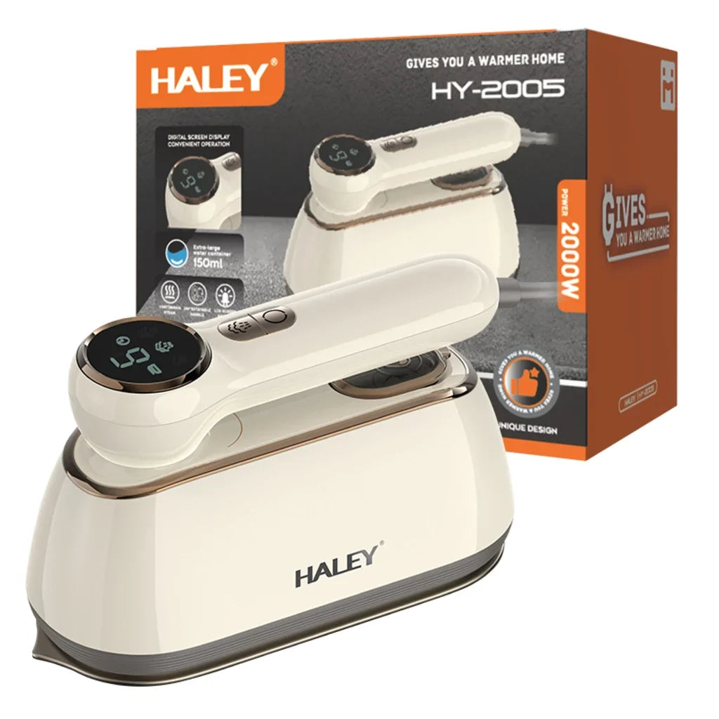 Fier de călcat vertical cu abur HALEY HY-2005, 2000 W, rezervor 150 ml, talpă inox, ecran LED, alb crem