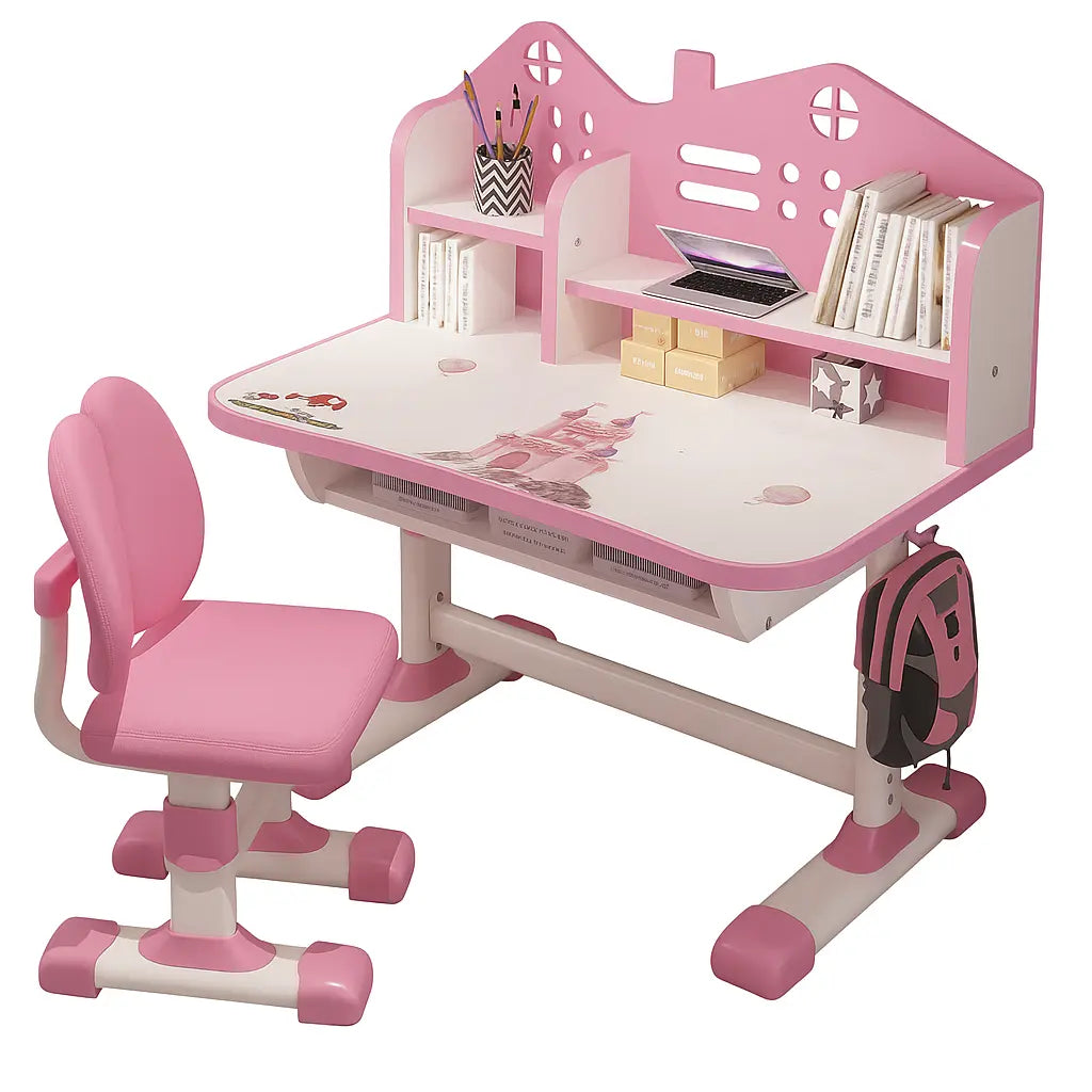 Set birou și scaun ergonomic pentru copii AT Performance, blat 75x105 cm, înălțime reglabilă, roz