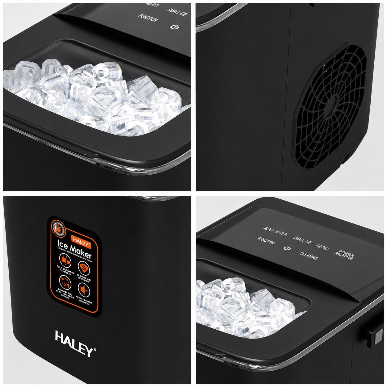 Mașină de gheață HALEY HY-6102, 100 W, 12 kg/24h, rezervor 1,8 L, 2 dimensiuni cuburi, negru