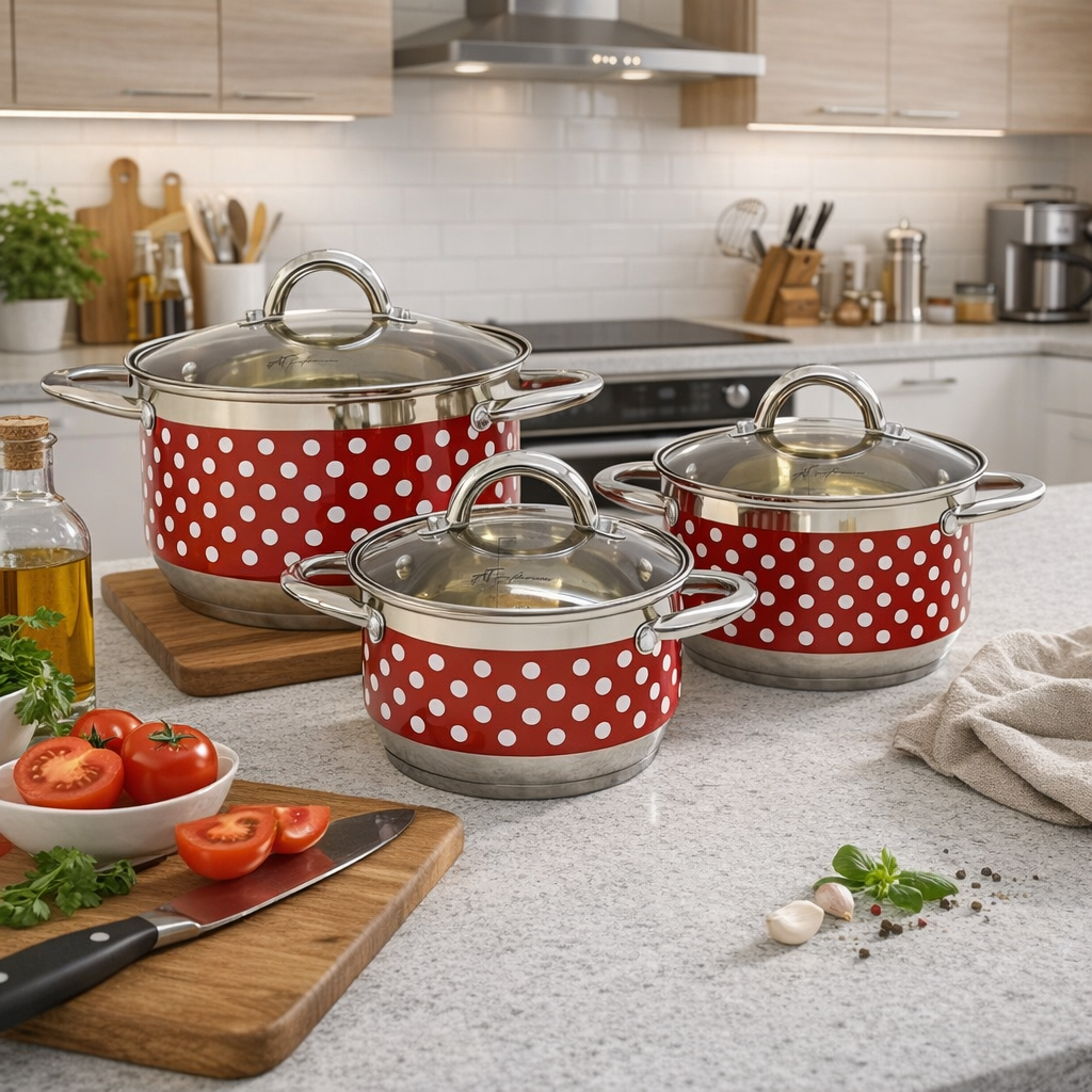 Set oale inox AT Performance, 3 piese, 1,9 L, 3,6 L și 4,7 L, capace din sticlă, model cu buline