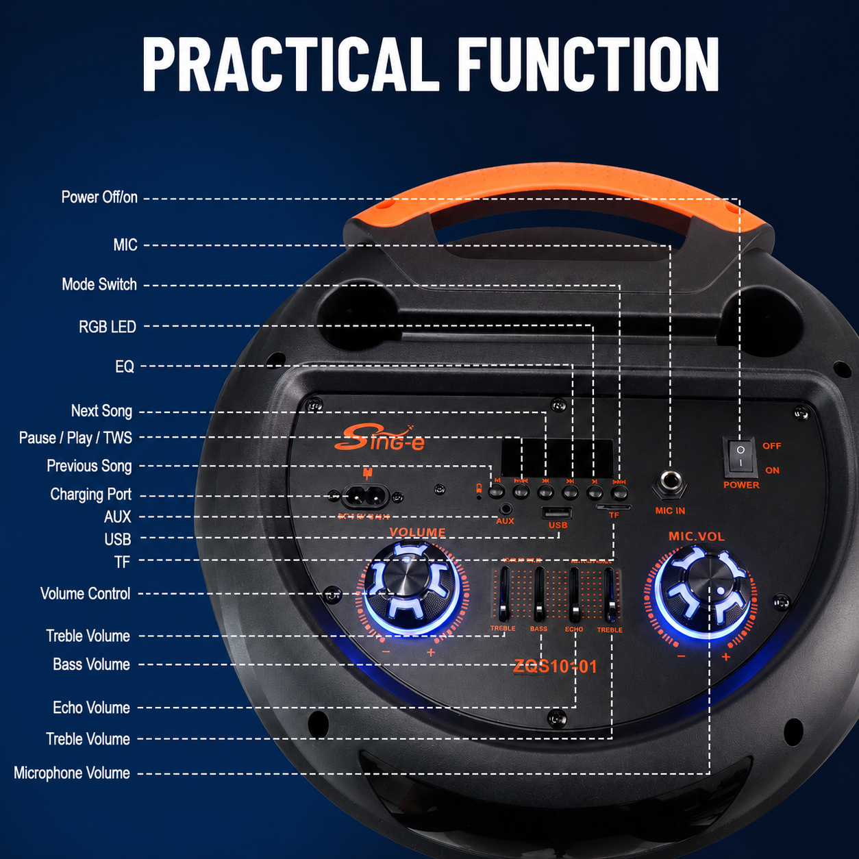 Boxă karaoke portabilă Sing-E ZQS10301, 3x10 inch, 80 W, bluetooth, LED RGB, acumulator 5000 mAh