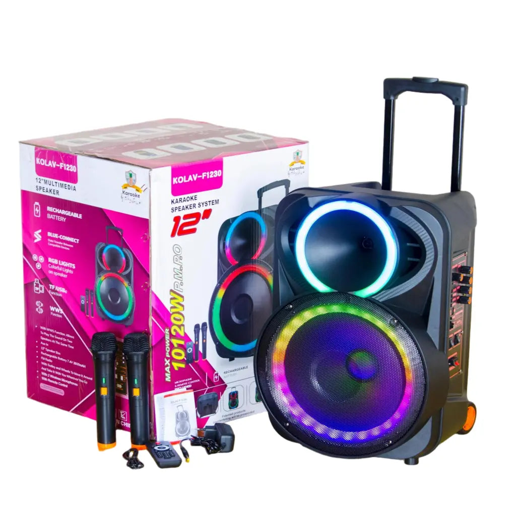 Boxă karaoke portabilă KOLAV F1230, difuzor 12 inch, 400 W PMPO, 2 microfoane wireless, baterie 3600 mAh