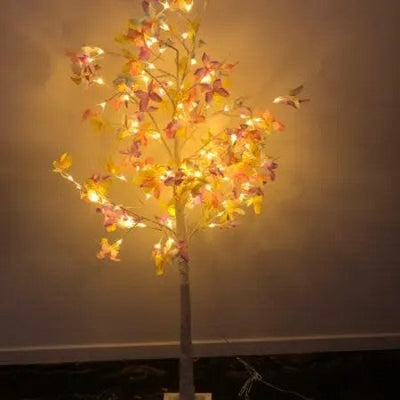 Pom artificial luminat, 150 cm, LED alb cald, fluturi colorați, interior și exterior