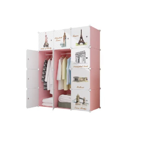 Dulap modular pentru copii AT Performance, 12 compartimente, 76x37x147 cm, model monumente, roz cu alb