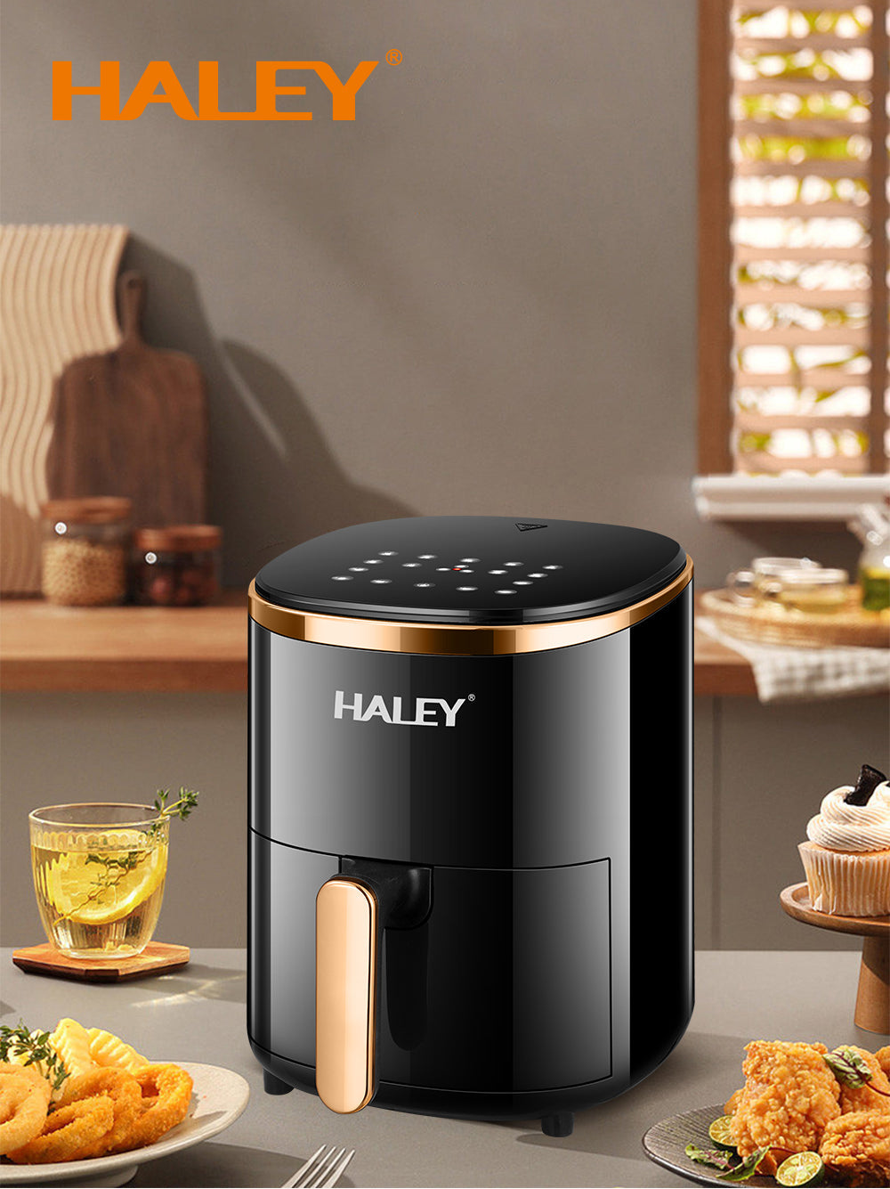 Friteuză cu aer cald HALEY, 6 L, 2000 W, touchscreen, programe automate, negru-auriu