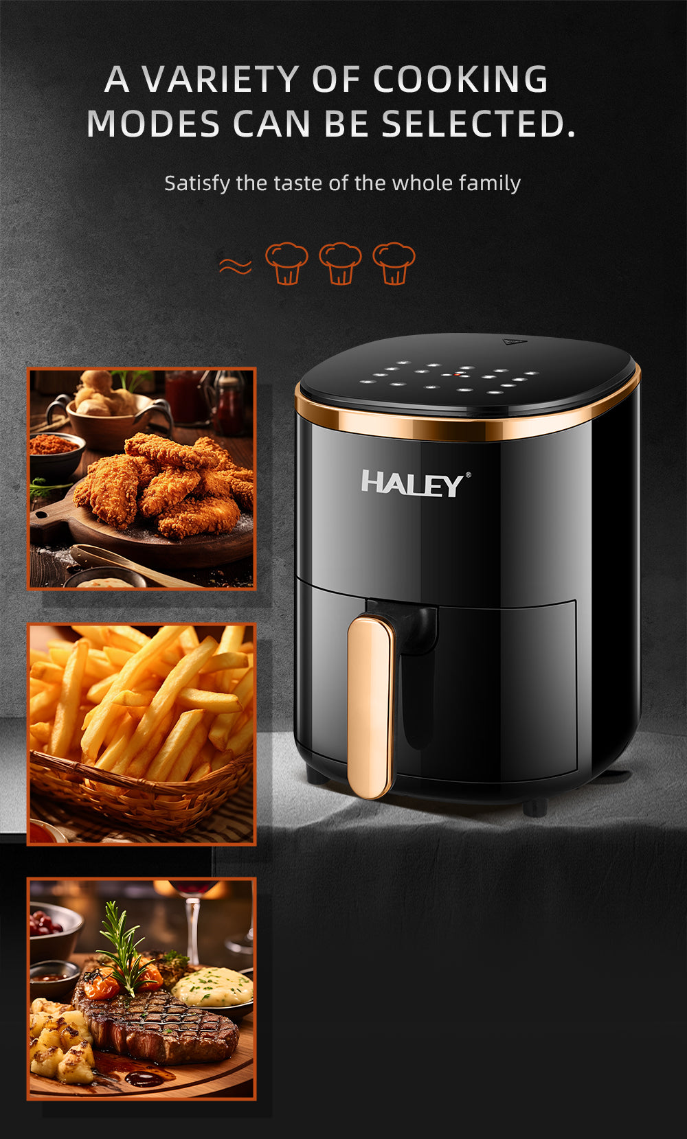 Friteuză cu aer cald HALEY, 6 L, 2000 W, touchscreen, programe automate, negru-auriu