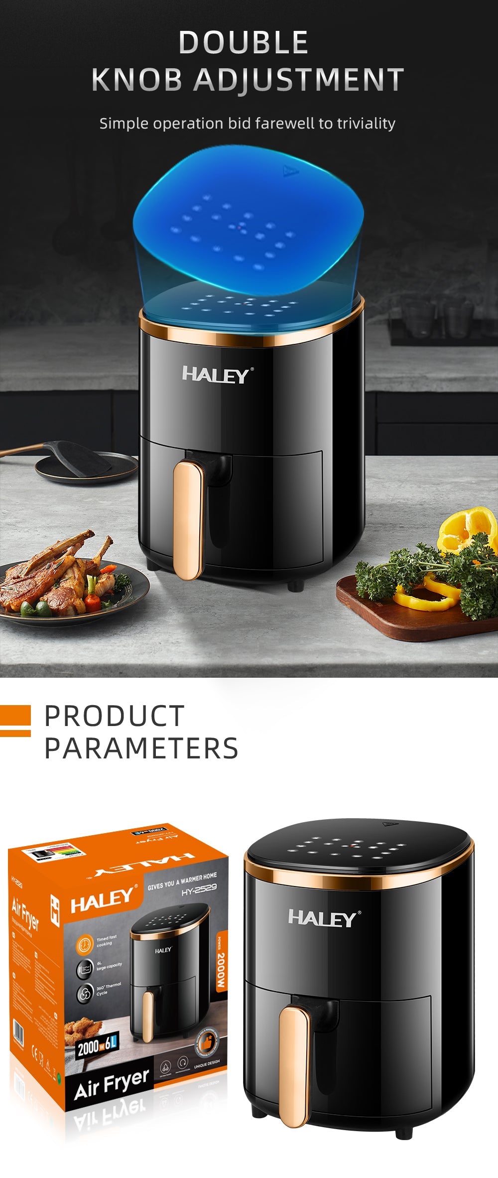 Friteuză cu aer cald HALEY, 6 L, 2000 W, touchscreen, programe automate, negru-auriu