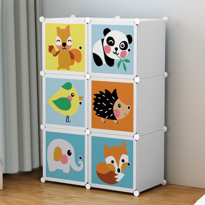 Dulap modular pentru copii AT Performance, 6 rafturi, 74x37x110 cm, plastic durabil, alb cu animăluțe