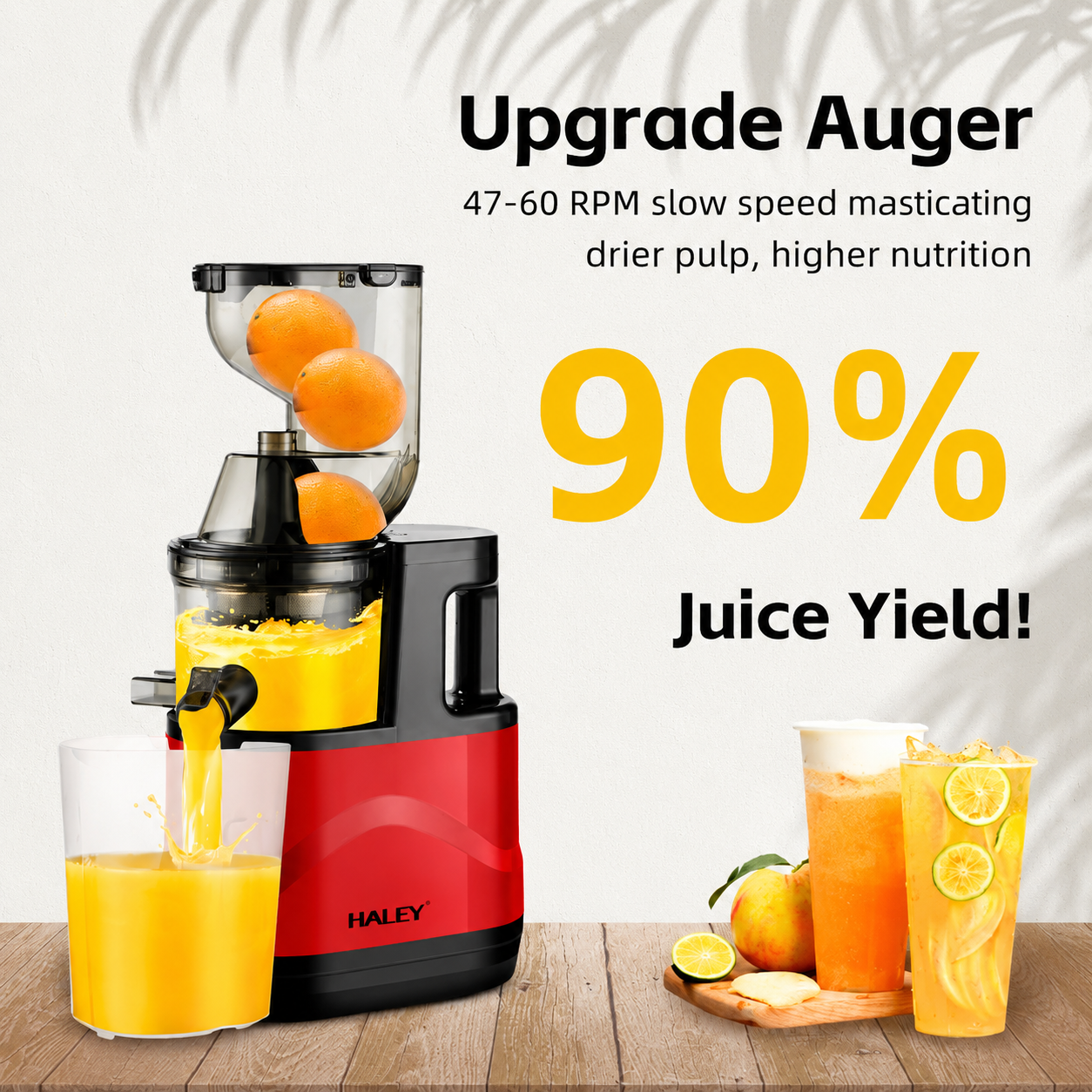 Storcător cu presare lentă HALEY HY-604, 200 W, filtru inox cu micropori, recipiente 300 ml, roșu