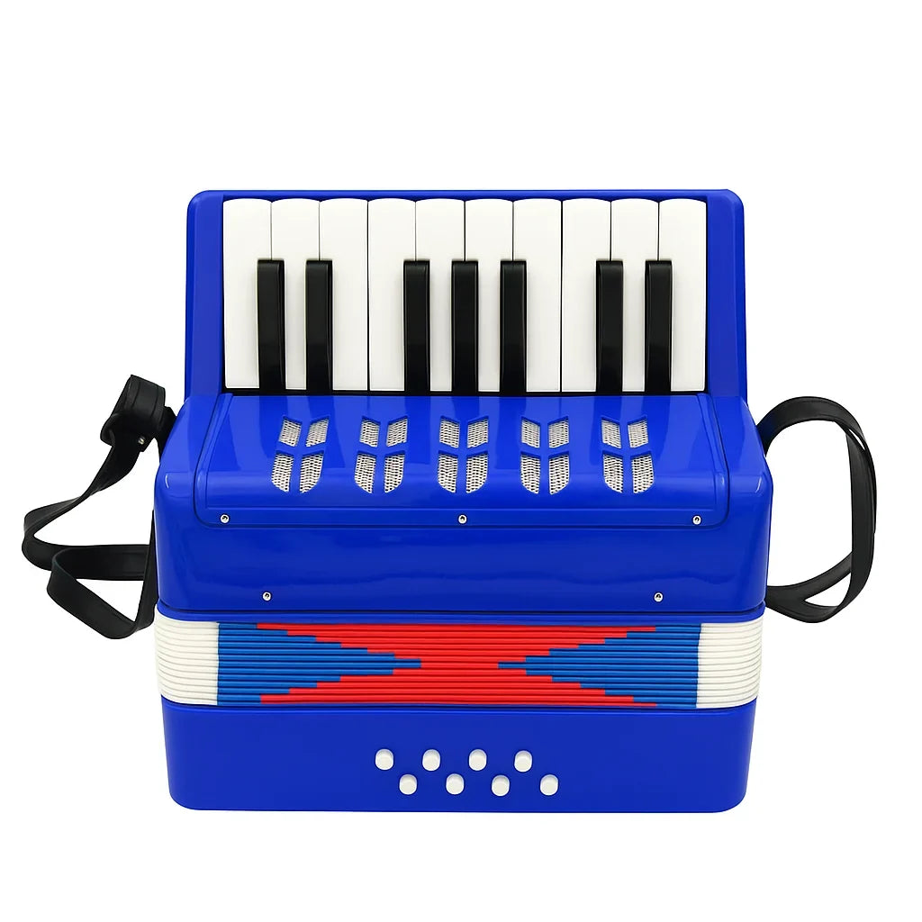 Acordeon de jucărie AT Performance, 17 clape, 8 bași, 23 x 10 x 22 cm, 1.5 kg, albastru sidef
