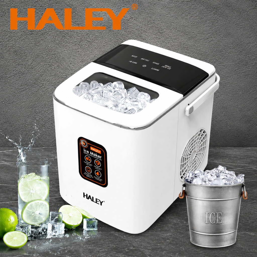 Mașină de gheață HALEY HY-6101, 100 W, 12 kg/24h, rezervor 1,8 L, 2 dimensiuni cuburi, alb