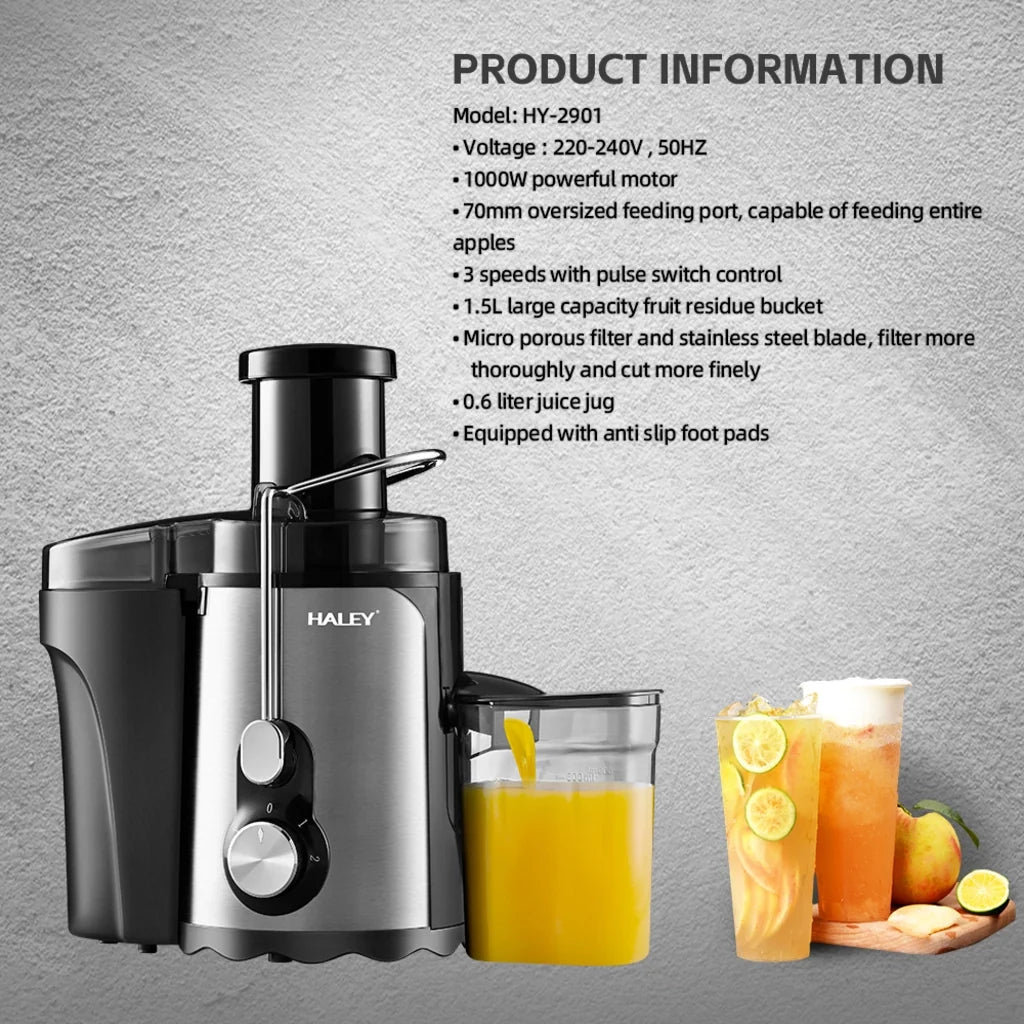 Storcător de fructe și legume HALEY HY-2901, 1000 W, 3 viteze cu Pulse, tub 70 mm, argintiu/negru