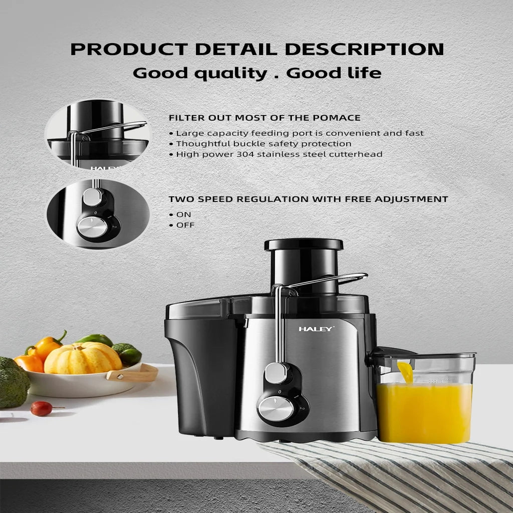 Storcător de fructe și legume HALEY HY-2901, 1000 W, 3 viteze cu Pulse, tub 70 mm, argintiu/negru
