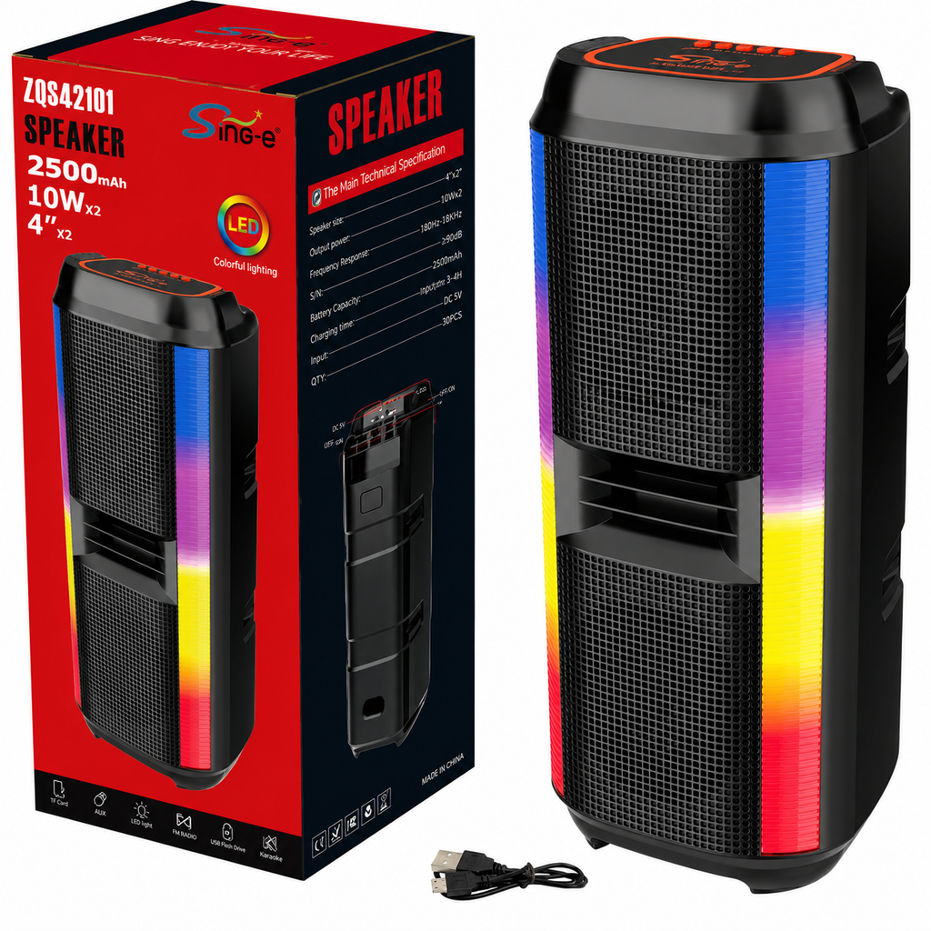 Boxă portabilă Sing-E ZQS42101, 2x4 inch, 200 W, Bluetooth 5.0, baterie 2500 mAh, LED RGB, negru