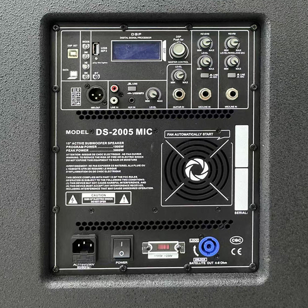 Sistem audio activ cu subwoofer Vlliodor, 1900 W RMS, 3800 W peak, DSP, 2 microfoane wireless