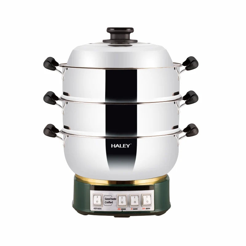 Aparat de gătit cu abur HALEY HY-501, 2100 W, 2 tăvi, 3 niveluri de putere, inox