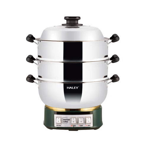 Aparat de gătit cu abur HALEY HY-501, 2100 W, 2 tăvi, 3 niveluri de putere, inox