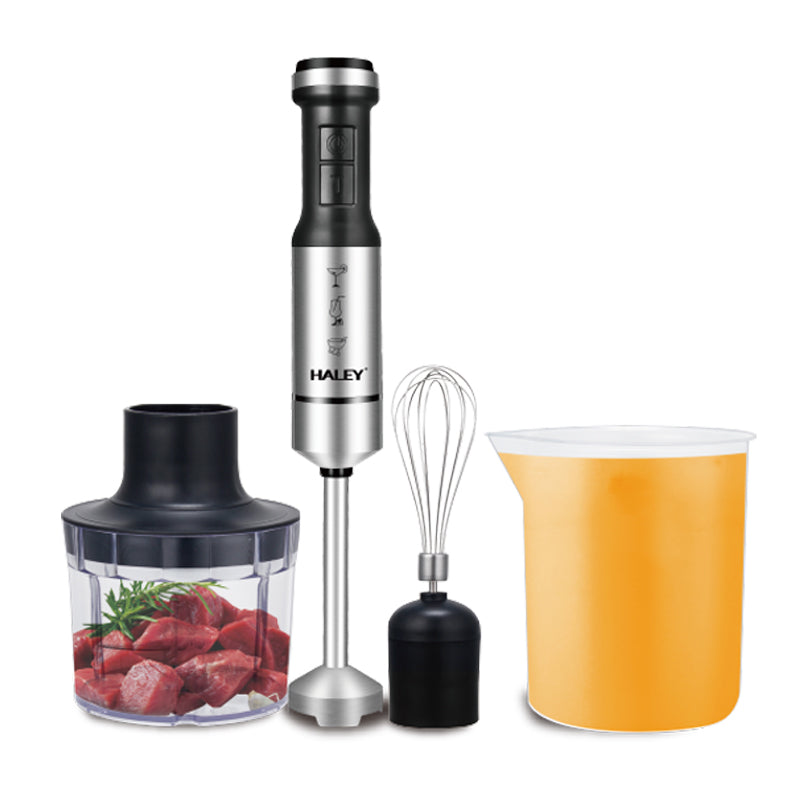 Blender de mână 4 în 1 HALEY, 1200 W, 2 viteze și turbo, picior inox, tocător, tel, pahar gradat