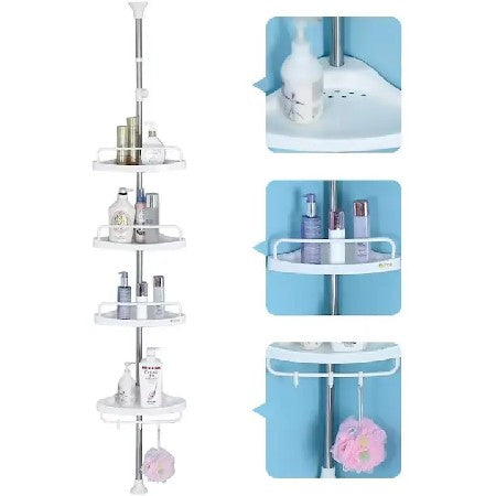 Etajeră Colț pentru Baie/Duș cu 4 Rafturi, Suport Prosop și Cărlige, Înălțime Reglabilă Max. 3.2 Metri, Alb