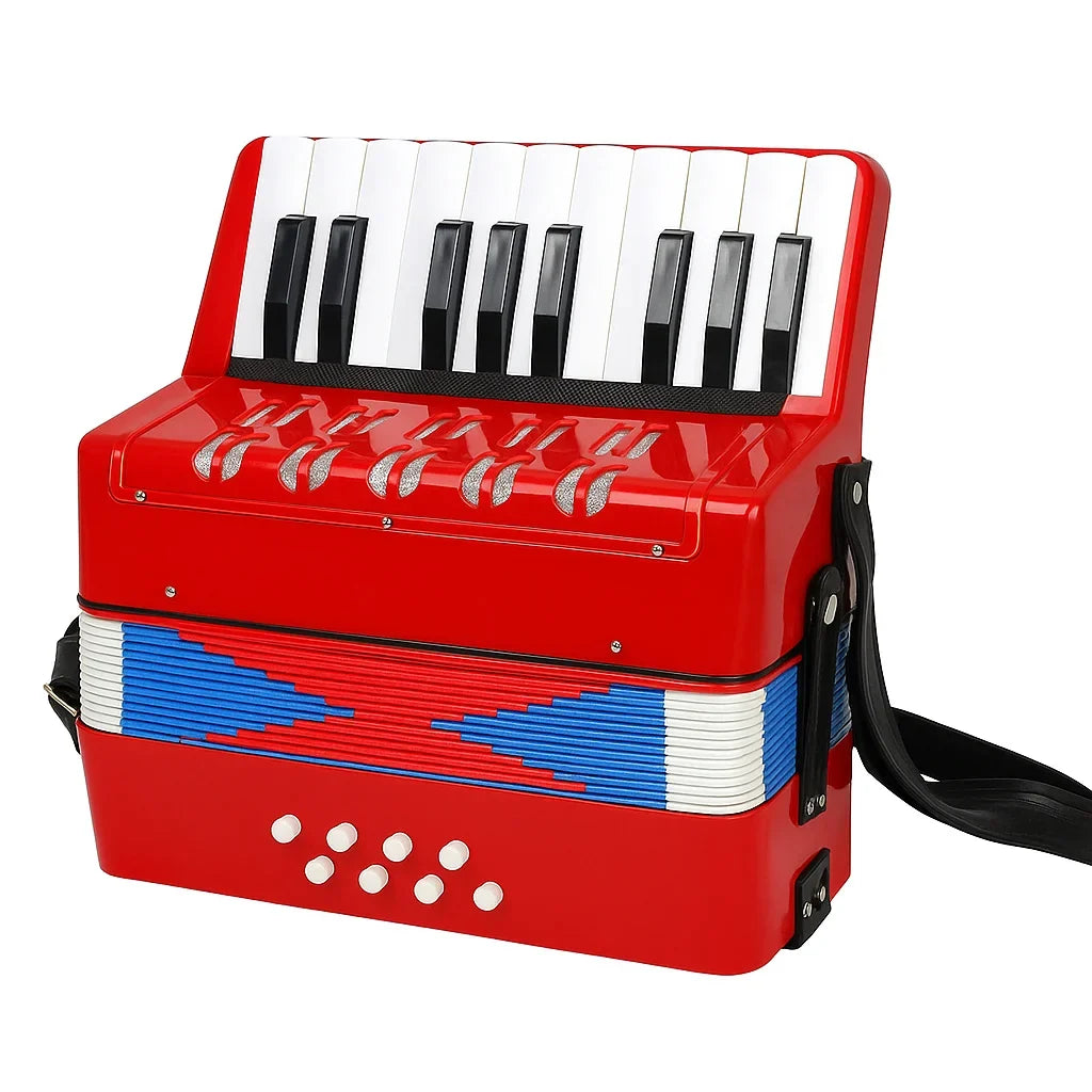 Acordeon de jucărie AT Performance, 17 clape, 8 bași, 23 x 10 x 22 cm, 1.5 kg, albastru sidef