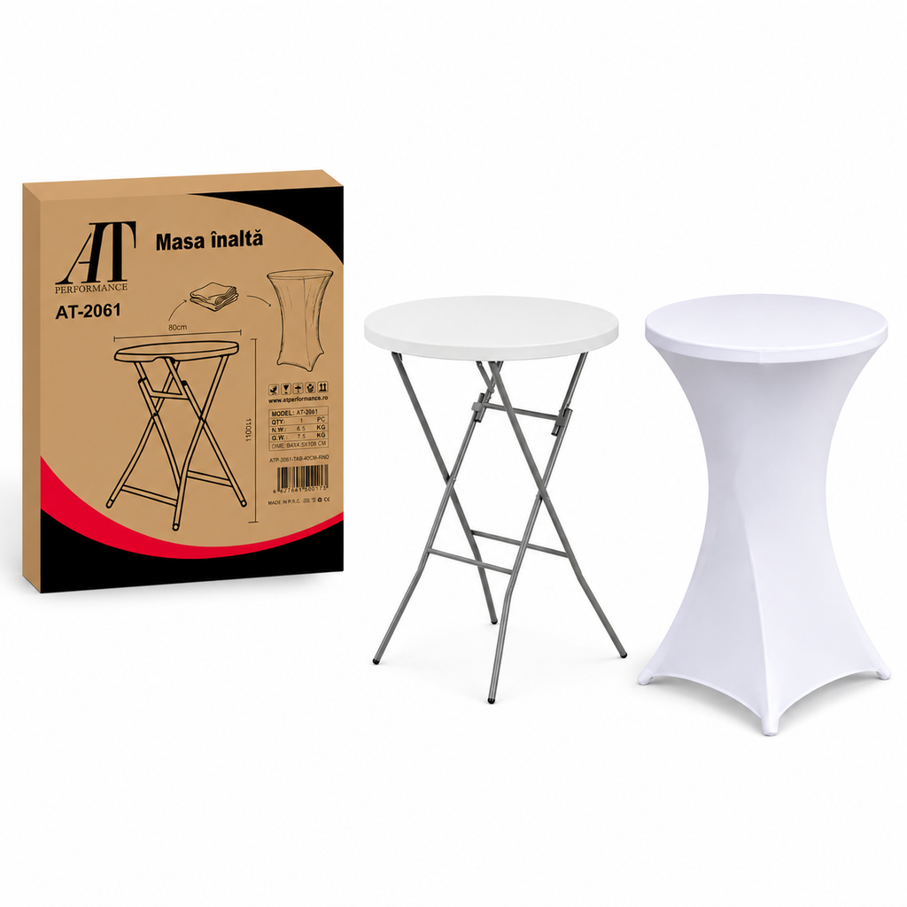 Masă cocktail pliabilă AT Performance AT-2061, Ø80 cm, înălțime 110 cm, cadru metalic, husă elastică, alb