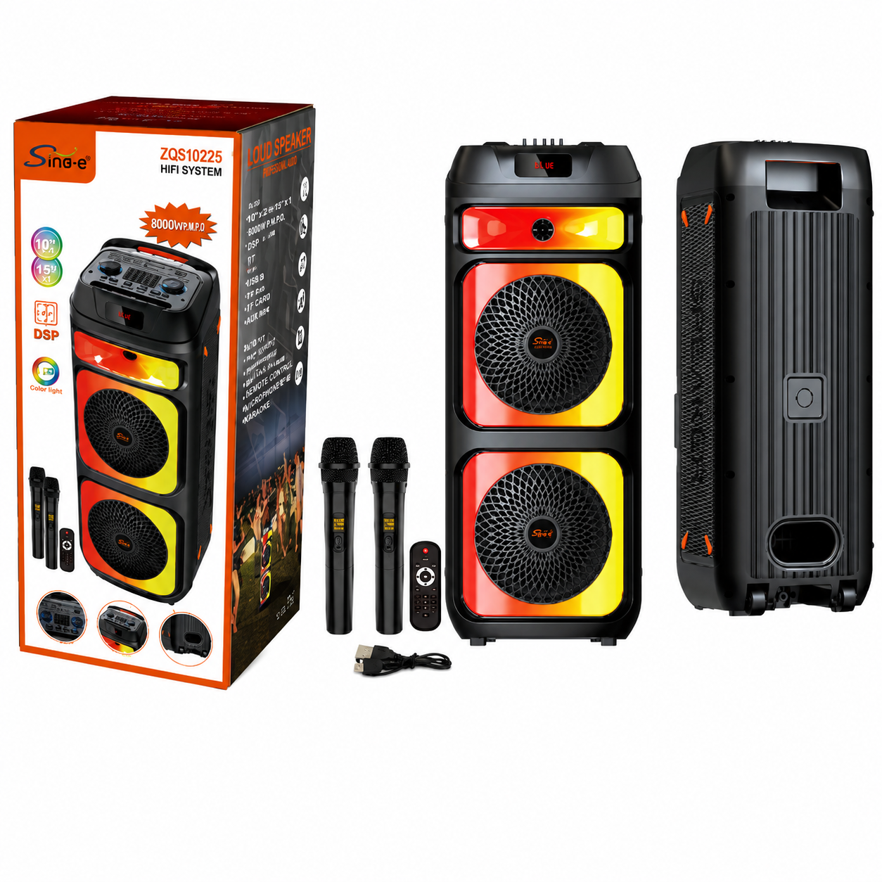 Boxă karaoke portabilă Sing-E ZQS10225, 2x10 inch, 80 W, DSP, acumulator 6000 mAh, LED RGB