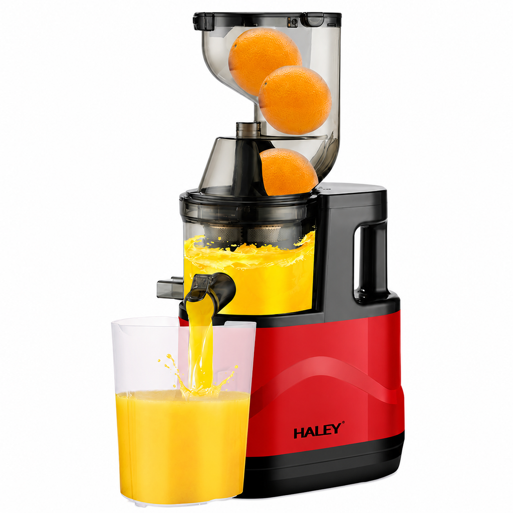 Storcător cu presare lentă HALEY HY-604, 200 W, filtru inox cu micropori, recipiente 300 ml, roșu