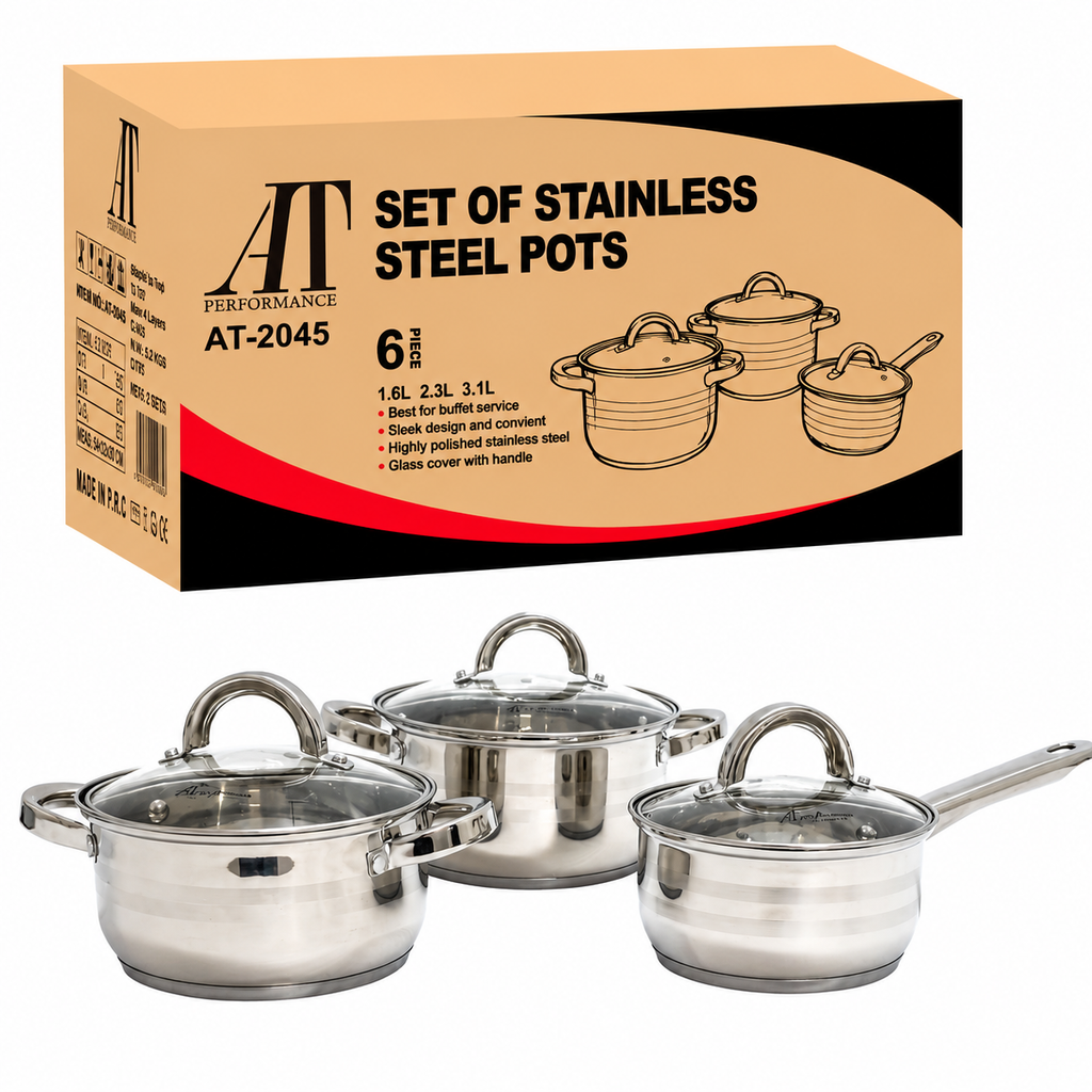 Set oale inox AT Performance, 3 piese, 1,6 L, 2,3 L și 3,1 L, capace din sticlă, compatibile inducție