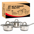 Set oale inox AT Performance, 3 piese, 1,6 L, 2,3 L și 3,1 L, capace din sticlă, compatibile inducție