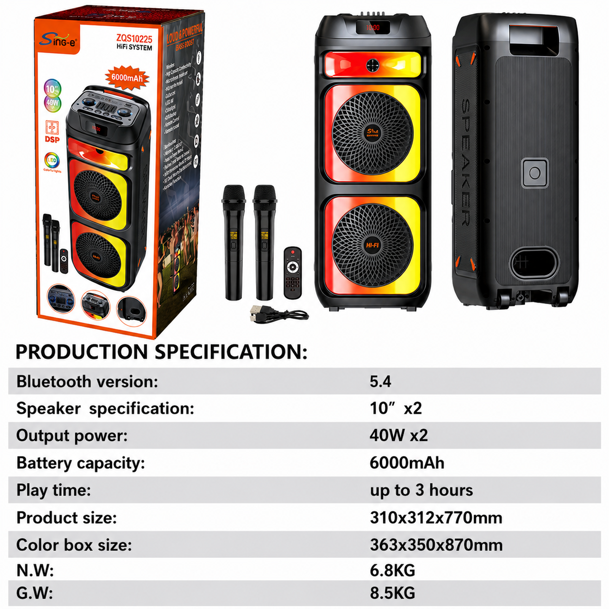 Boxă karaoke portabilă Sing-E ZQS10225, 2x10 inch, 80 W, DSP, acumulator 6000 mAh, LED RGB