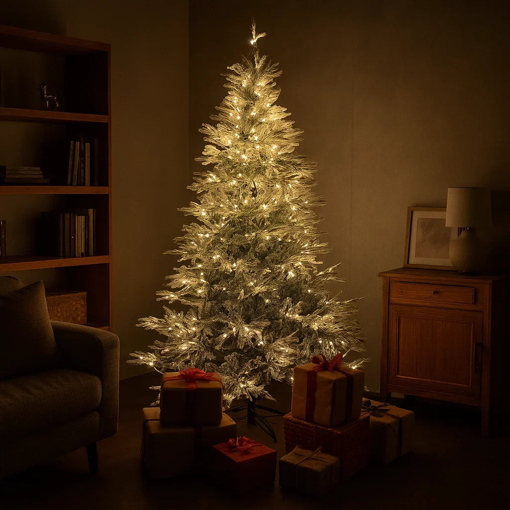 Brad artificial cu efect de ninsoare, 2.1 m, 1150 ramuri, lumini LED galben cald, suport metalic