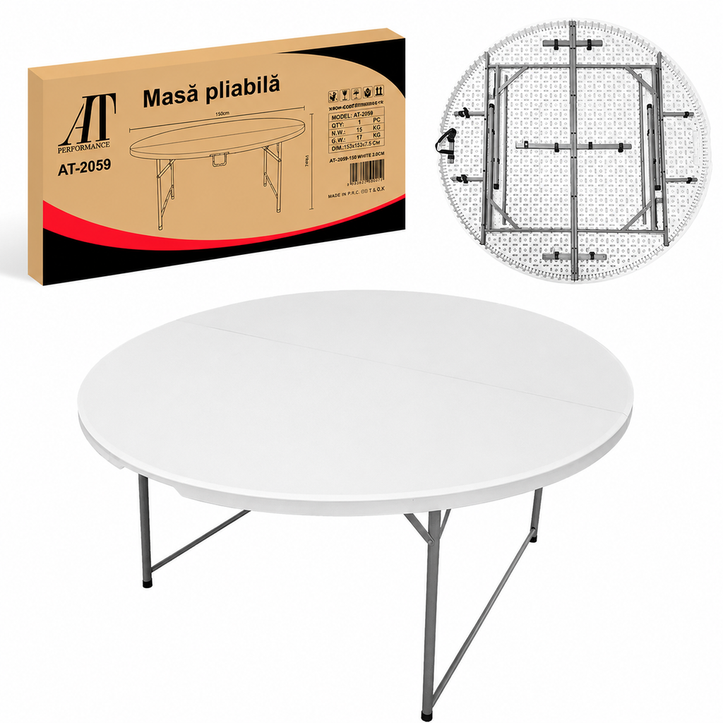 Masă pliabilă rotundă AT Performance, 150 cm, blat HDPE, cadru din oțel, 400 kg, gri