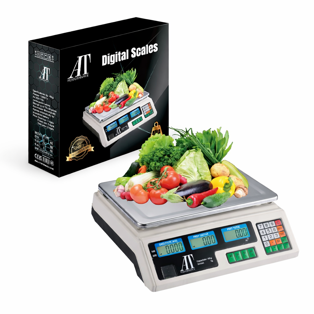 Cântar electronic comercial AT Performance, 40 kg, afișaj LCD dublu, 7 memorii, picioare reglabile