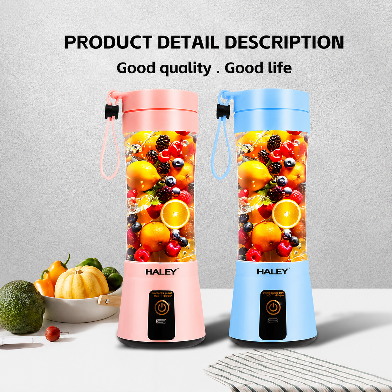 Blender portabil HALEY HY-2950, 480 ml, baterie 2000 mAh, încărcare USB, lame inox