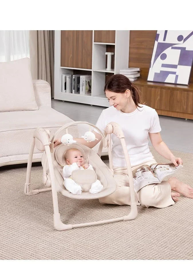 Balansoar electric portabil bebeluși Mastela 6511, 7 melodii, 5 viteze, 3-11 kg, alimentare USB, gri-bej