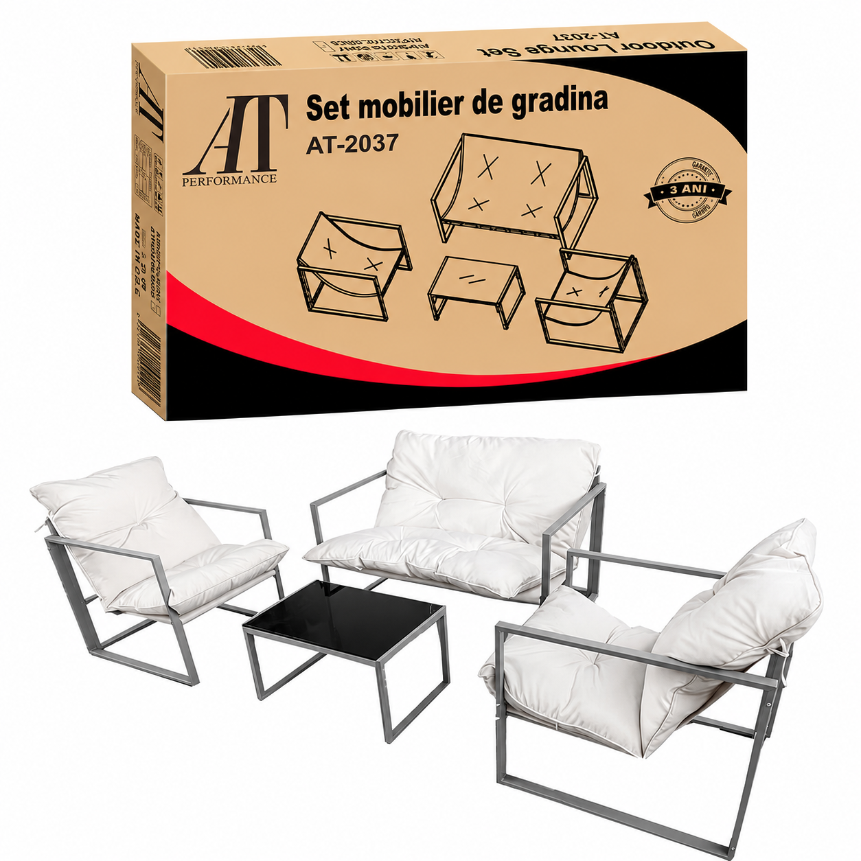 Set mobilier balcon și grădină AT Performance, 4 piese, canapea 2 locuri, 2 fotolii, măsuță cu blat sticlă securizată