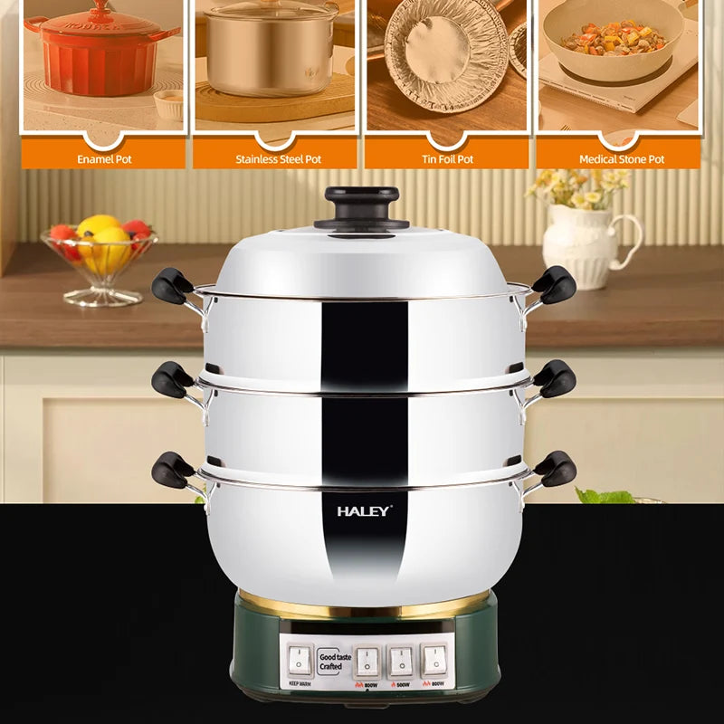 Aparat de gătit cu abur HALEY HY-501, 2100 W, 2 tăvi, 3 niveluri de putere, inox