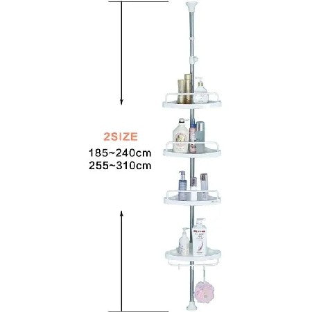 Etajeră Colț pentru Baie/Duș cu 4 Rafturi, Suport Prosop și Cărlige, Înălțime Reglabilă Max. 3.2 Metri, Alb