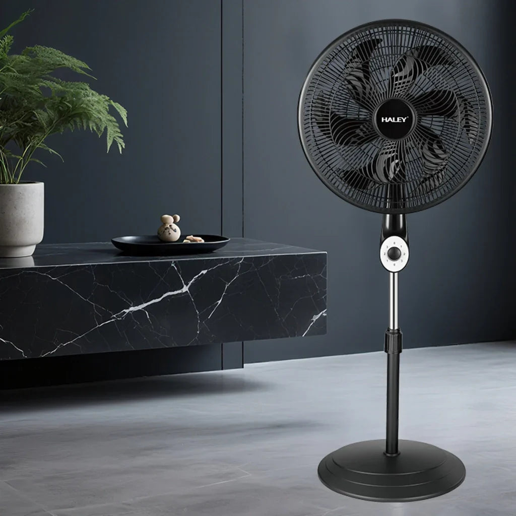 Ventilator cu picior HALEY HY-6016, 18 inch, 6 pale, 3 viteze, înălțime reglabilă, negru
