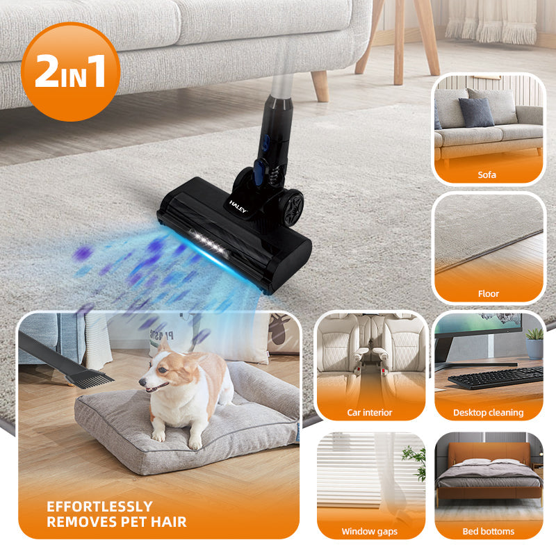 Aspirator Vertical cu Fir 2 în 1 HALEY®, 300W, 22.2V, Autonomie 35 Min, Perie LED, Filtru Lavabil, Recipient 1L, Negru/Argintiu