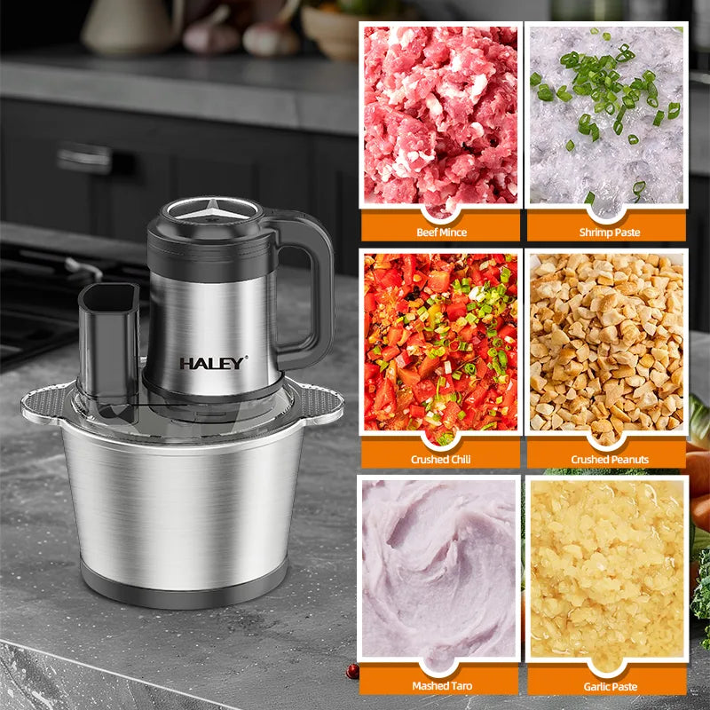 Tocător electric multifuncțional HALEY HY-1244, 1200 W, bol inox 3,5 L, 6 lame din oțel inoxidabil